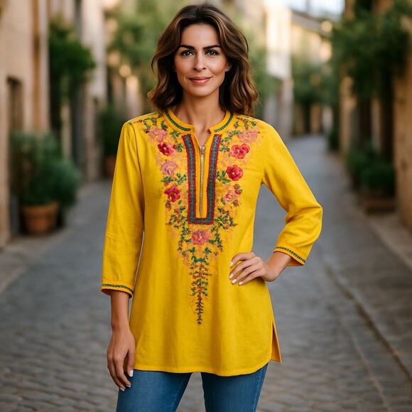 Johnny Was Mustard Yellow Embroidered Boho Tunic Blouse Fall Floral - Picture 1 of 6